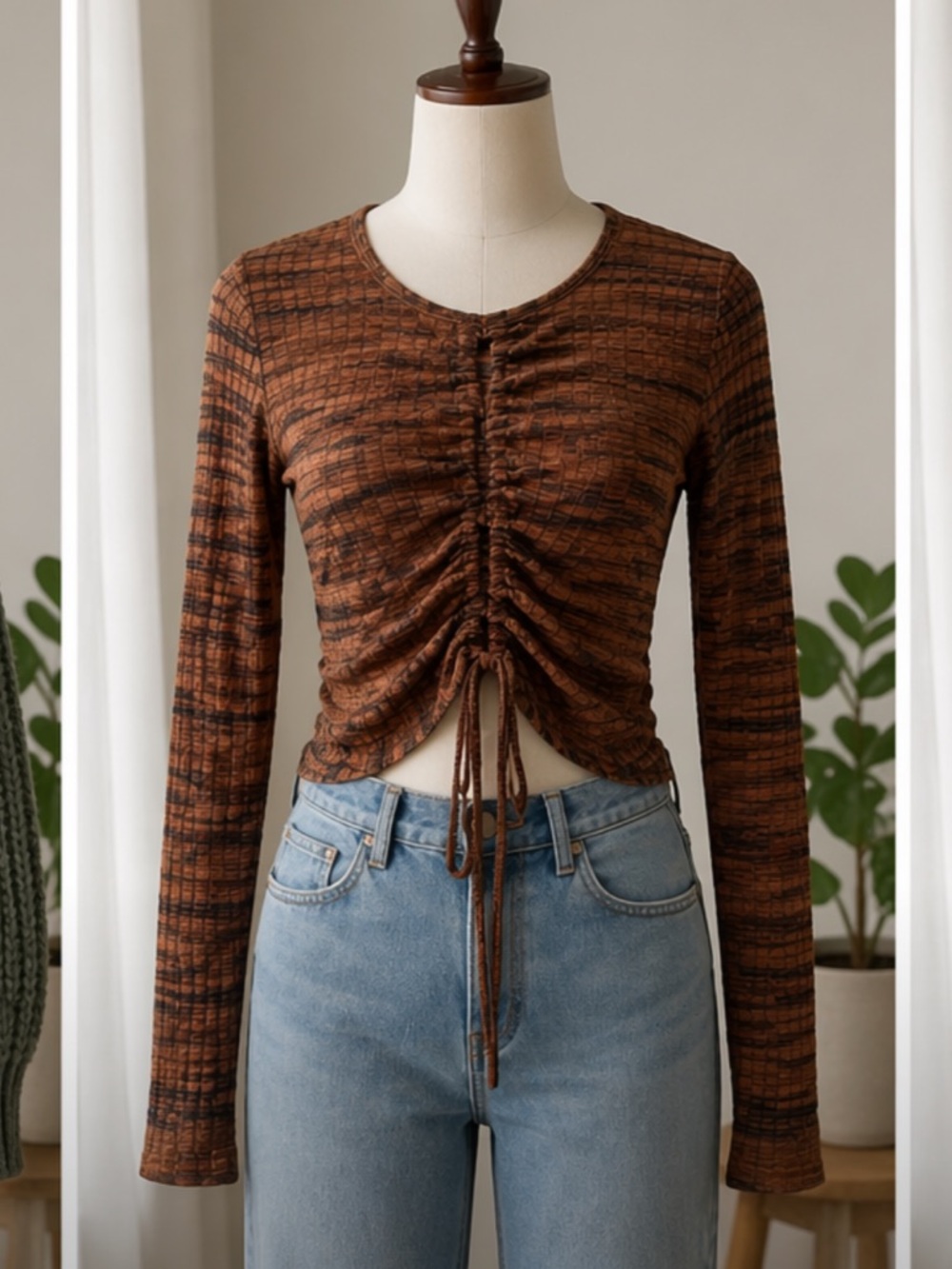 Zara Brown Ruched Front Long Sleeve Top